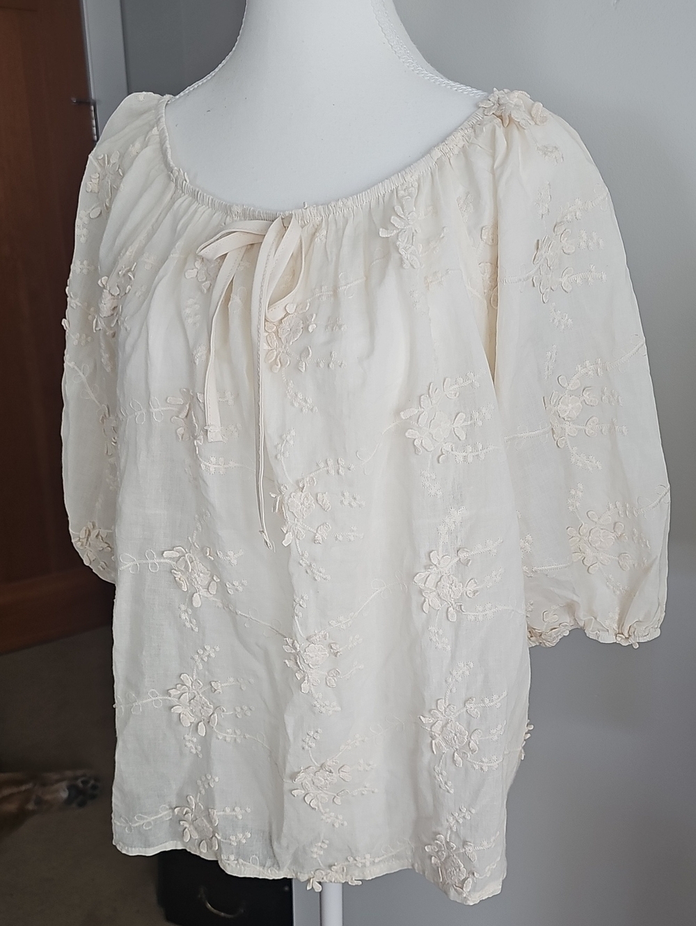 Women's Cream Embroidered Peasant Blouse with Tie Neck